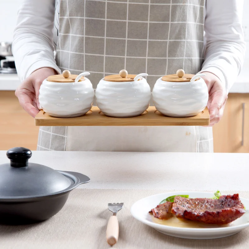 

1 Set Ceramic Condiment Storage Jar Household Seasoning Pot Bamboo Tray Spice Jar Soy Sauce Box Salt Sugar Can Kitchen Organizer