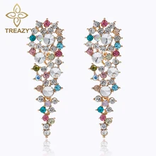 TREAZY Multicolor Flower Crystal Long Dangle Earrings for Women Bridal Drop Earrings Luxury Wedding Party Jewelry Accessories