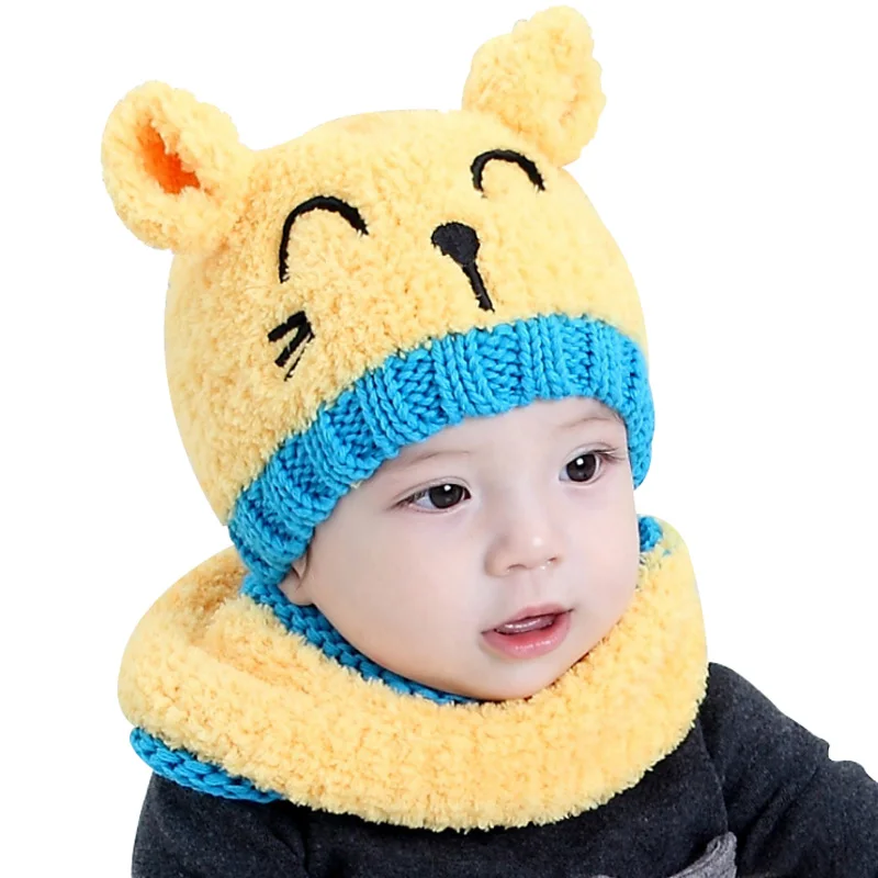 Зимний детский набор из шапки и шарфа в стиле кошки для мальчиков и девочек, шапка с круглым вырезом для младенцев, малышей, детей от 6 до 24 месяцев