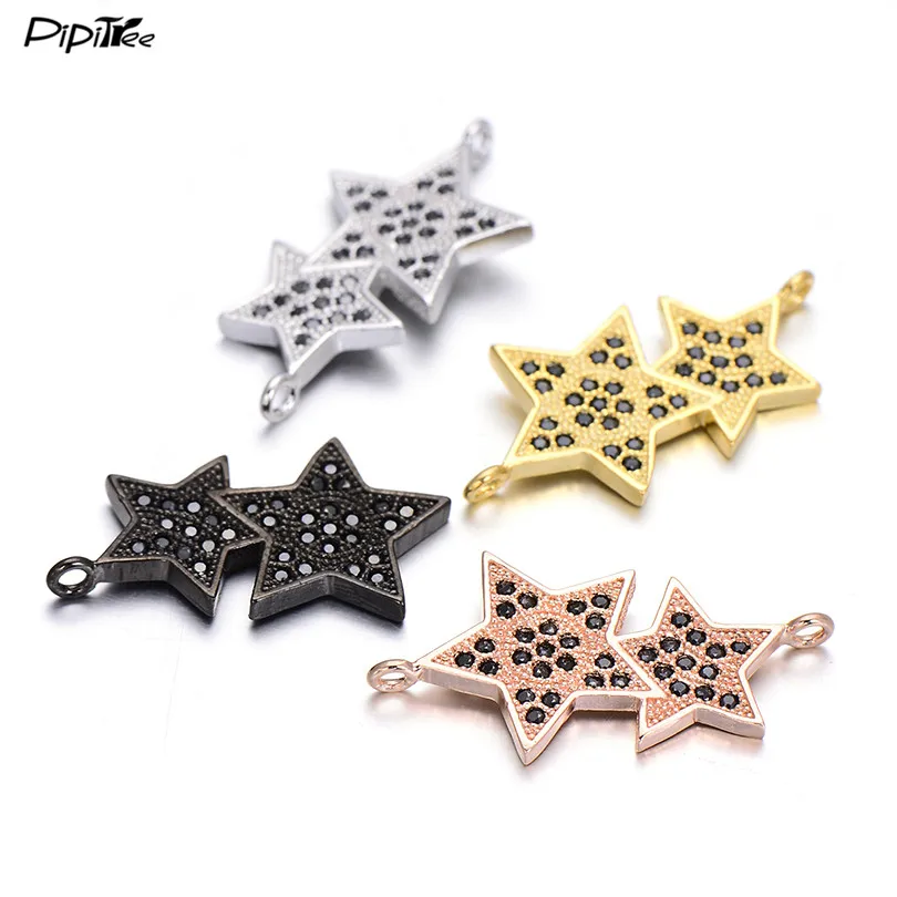 

Pipitree 3pcs/lot Wholesale Black Zircon Double Star Charms for Handcrafted Men Bracelet DIY Beads Jewelry Making Copper Charms