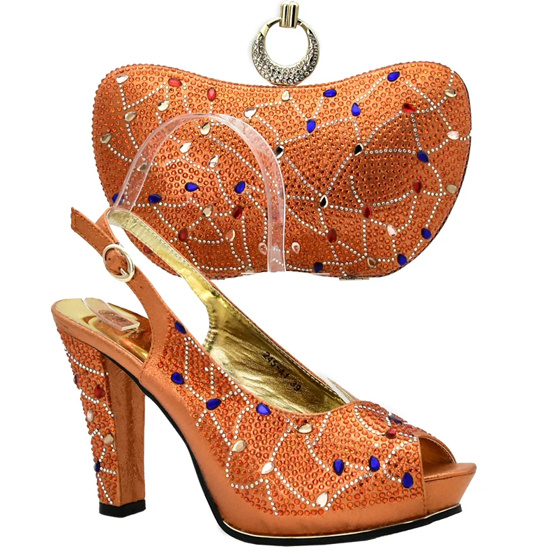 

Latest Orange Color Shoe and Bag Italian Design Set Decorated with Rhinestone African Wedding Shoes and Bag Nigerian Women Shoes