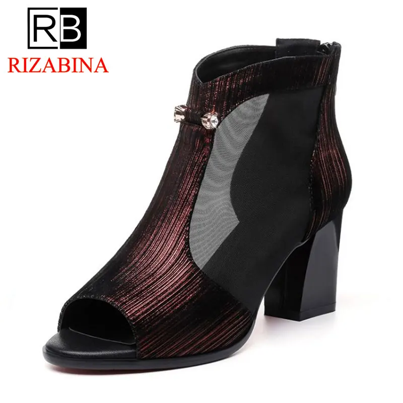 

RizaBina Women High Heel Sandals Genuine Leather Zipper Peep Toe Hollow Out Sandals Woman Mature Sandals Footwear Size 34-39