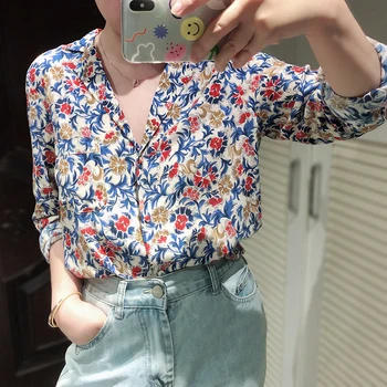 

Women Notched Neck Flower Print Long Sleeve Shirt Elegant Sweet Blouse New