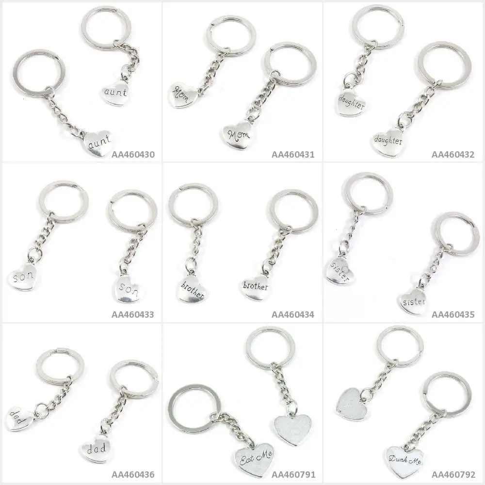 

Antique Silver Tone Keychain Keyring Keytag Drink Me Love Heart Eat Dad Sister Brother Son Daughter Mom Aunt Key Chain Charms