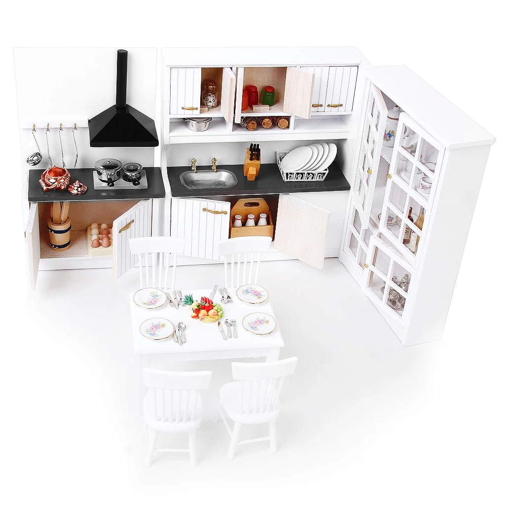 3 Sets 1/12 Dollhouse Miniature Wooden Kitchen Cabinet Table Chair Tea Set Pretend Play Furniture Toys for Children Gift Collect