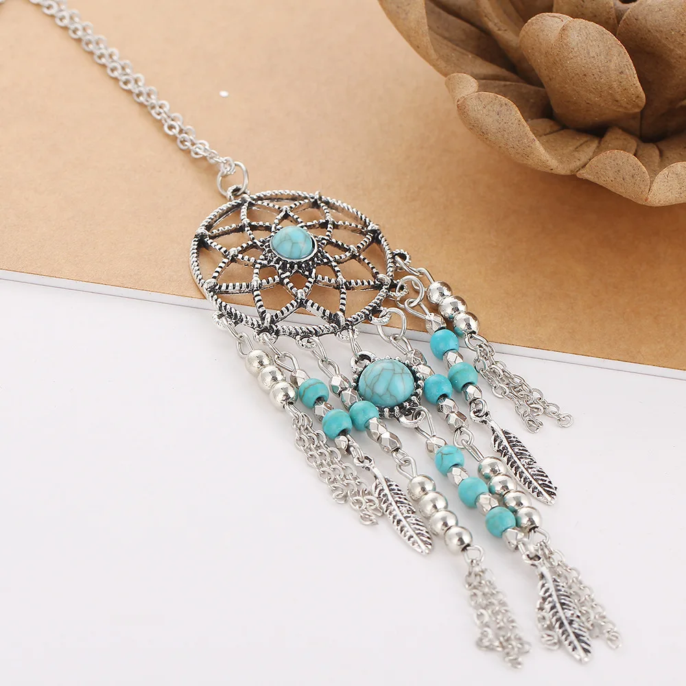 Queen Area Dream Catcher Necklace Blue Flower Pendant Dangling Feather Tassel Bead Charm Chain Jewelry for Women