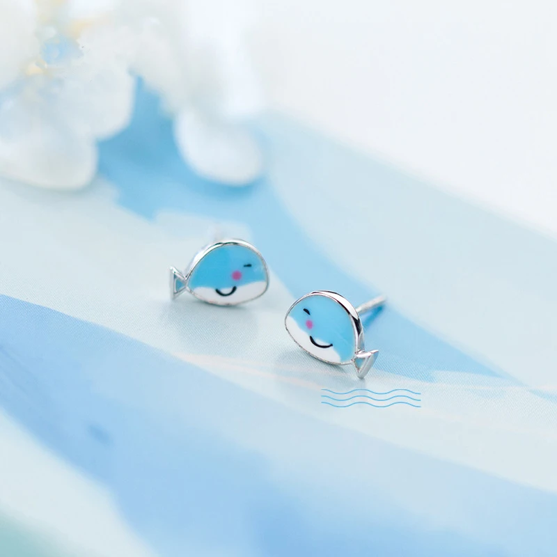 

MloveAcc Brand Genuine 925 Sterling Silver Lovely Blue Whale Stud Earring for Kids Girls Cute Dolphin Animal Design Earrings