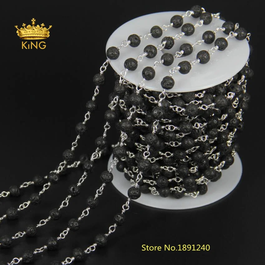 5Meter Silver Plated Wire Wrapped Rosary Chain,Black Round Lava Bead
