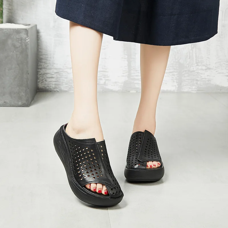 

Female Summer Fashion Hollow-out Open Head Cowskin Fish Mouth Outside Women Footwear Genuine Leather Wedges High Heel Sandals