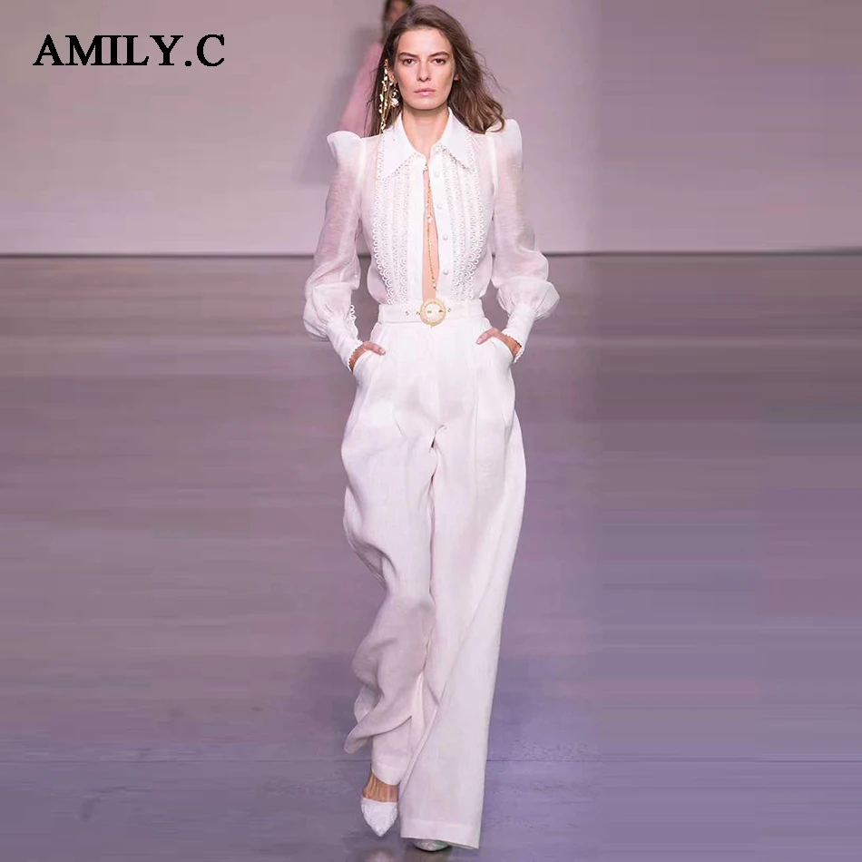 

Amily.c 2018 2018 Autumn Office Lady Long Sleeve White Blouse and Long Pants with Sash Women 2 Sets Piece