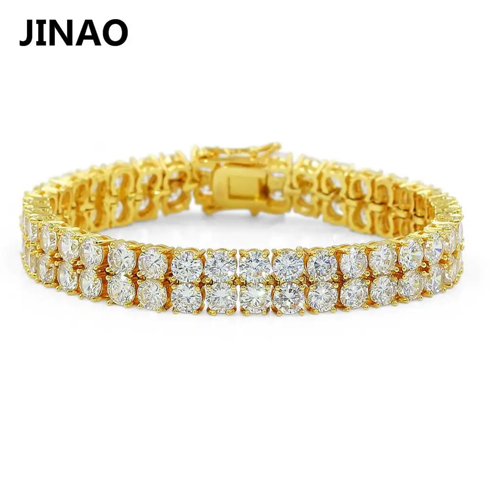Браслеты JINAO в стиле хип-хоп, 2 ряда, золото, серебро, AAA, кубический цирконий, вымощенный, все, льдом, для тенниса, Bling Lab, CZ камни, браслет для подарка - Окраска металла: Gold
