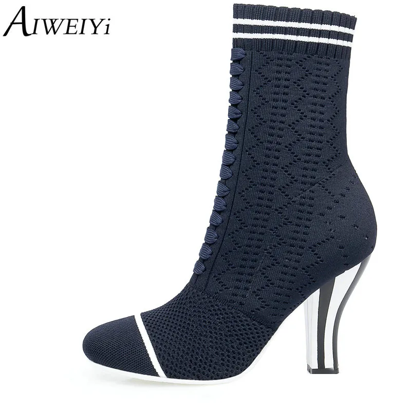 

AIWEIYi Women Boots Flock Ankle Boots Round Toe Spring Autumn Blue Beige Boots Ladies Party Western Stretch Fabric Short Boots