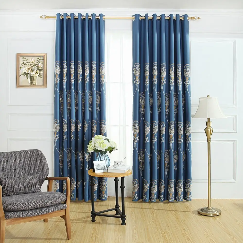 High quality European Window Blackout Curtain for Living Room Bedroom linen embroidered elegant blue 1pcs price free ship | Дом и сад