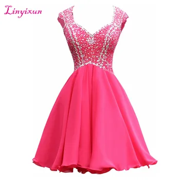 

Linyixun Real Photo Sexy Homecoming Dresses 2017 Crystals Beading Cap Sleeves Tulle Short Prom Dresses Luxury Cocktail Dresses
