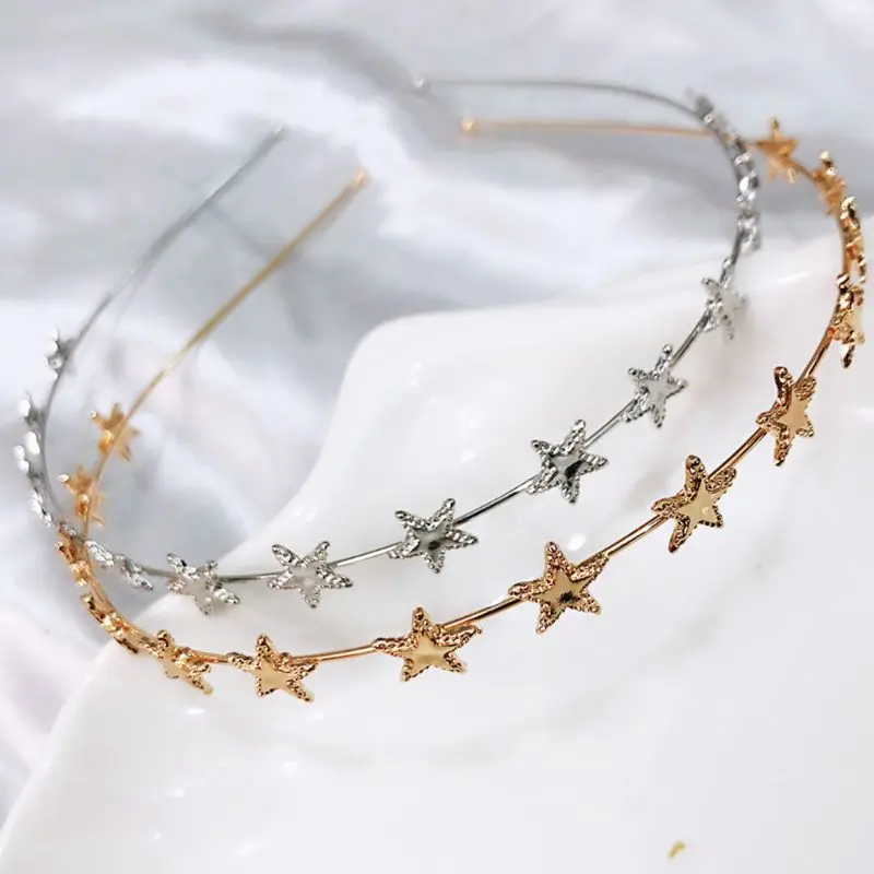 Корейский женский Блестящий металлический золотой серебряный тонкий ободок пентаграмма украшения в виде звездочек Декор обруч для волос принцесса день рождения головной убор для вечеринок