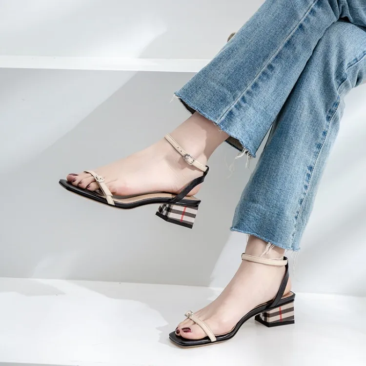 

Big Size 9 10 11 high heels sandals women shoes woman summer ladies Colour matching sandals with buckles and thick heels