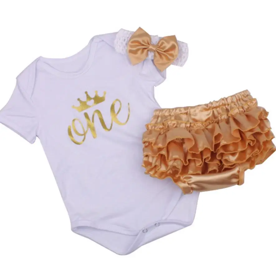 Комплект из 3 предметов; Детские Ползунки Одежда для новорожденных; блестящая повязка на голову для девочек на первый день рождения - Color: Brown