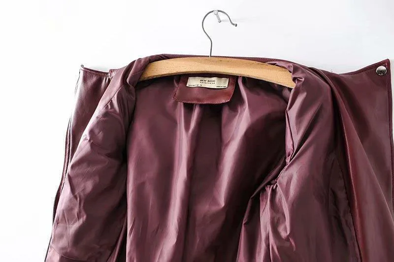 Повседневная куртка из искусственной кожи черного и бордового цвета с неровными лацканами, Женские базовые пальто, верхняя одежда