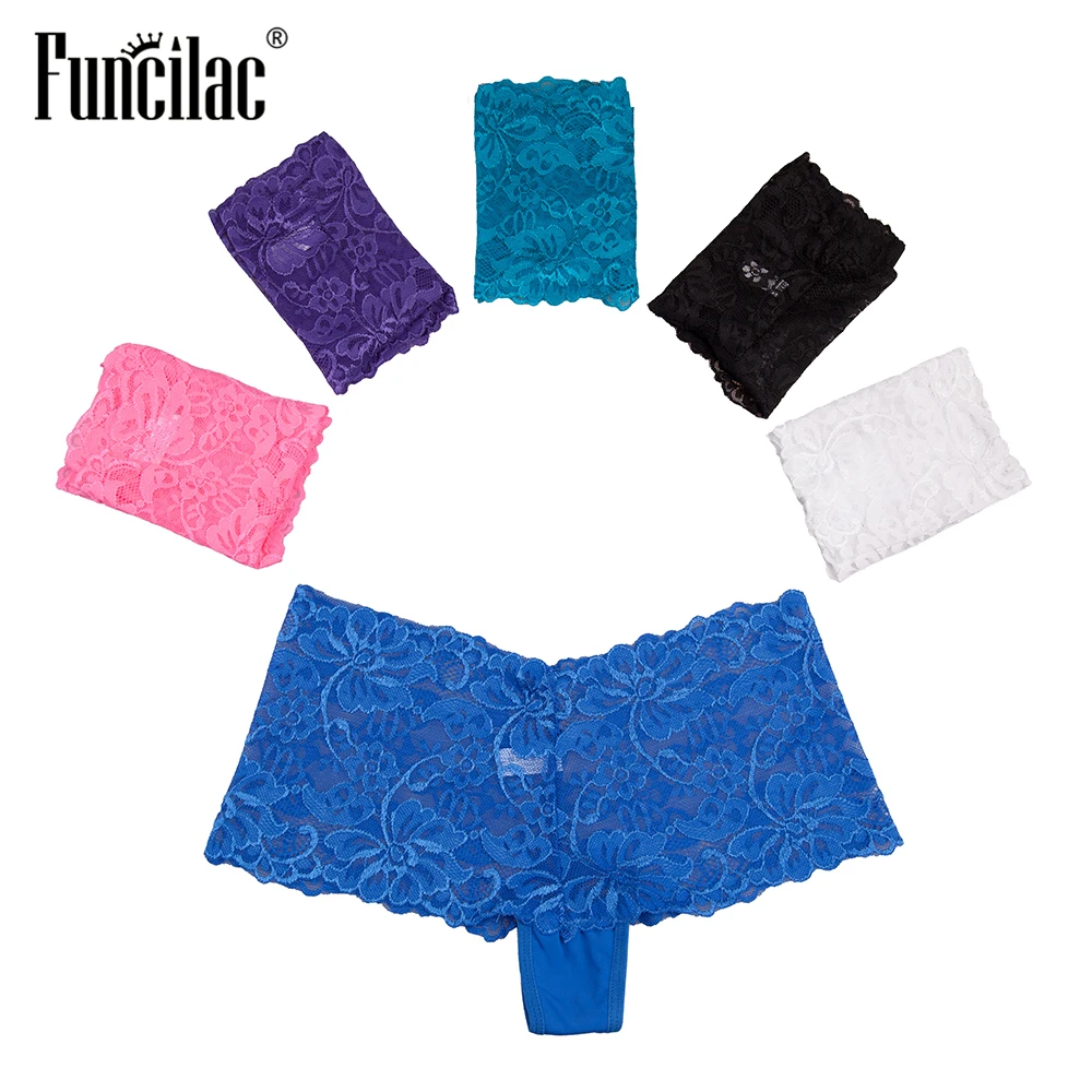 

FUNCILAC Sexy Women Boxer Lace Transparent Boyshort Panties for Female Ladies Underwear Lingerie Plus Size Underpants 5 Pcs/set