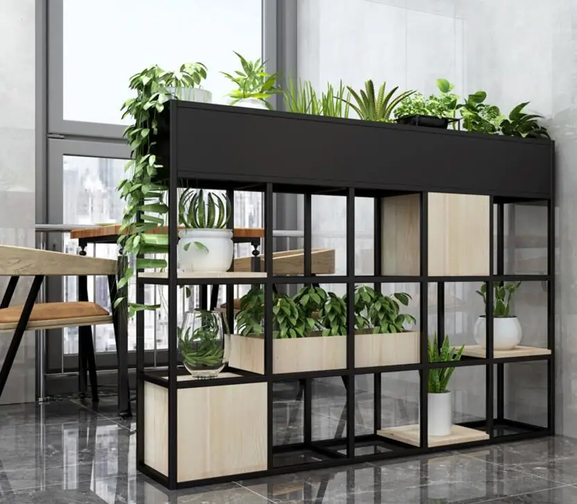 New American iron art shelf low lattice shelf floor bookshelf green flowers shelf restaurant cafe partition screen