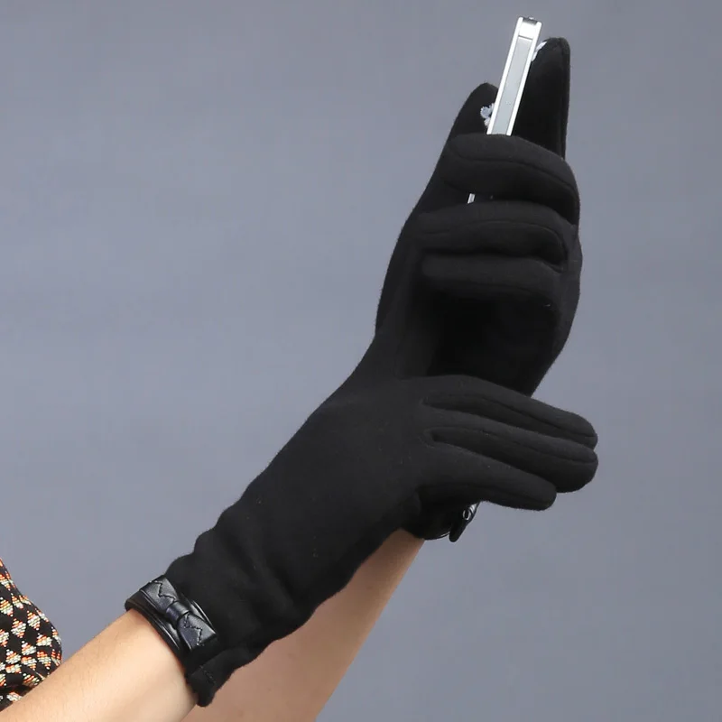 2018 новые плюшевые Для женщин Винтаж Хаундстут корейский теплый хлопок кожаные перчатки Сенсорный экран Vogue бархат кожаный бант варежки