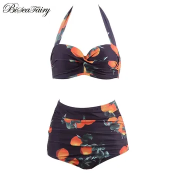 

BISEAFAIRY 2019 New High Waist Swimsuit Bikinis Women Push Up Bikini Set Solid Print Swimwear Vintage Retro Halter Bathing Suit