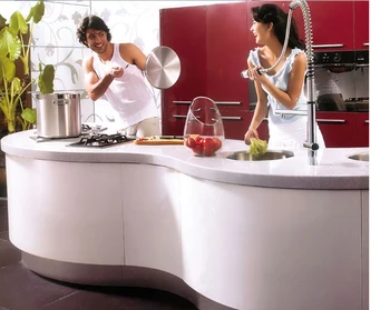 

Curved white and red lacquer kitchen cabinet