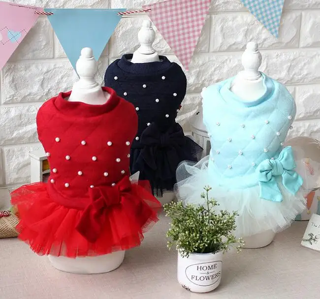 New design pet dog cat fashion pearl lace tutu princess dress doggy winter warm dress puppy hoodies dogs cats coats clothes 1pcs