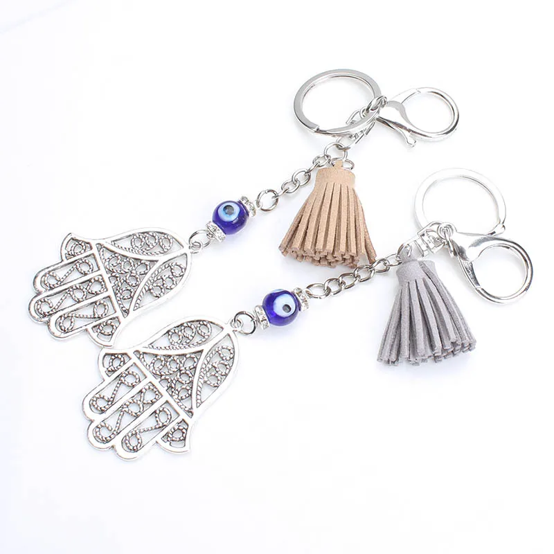 

2017 New arrival Turkey hamsa evil eye keychain lobster clasp keyring with colorful tassel 8mm glass bead as friend gift