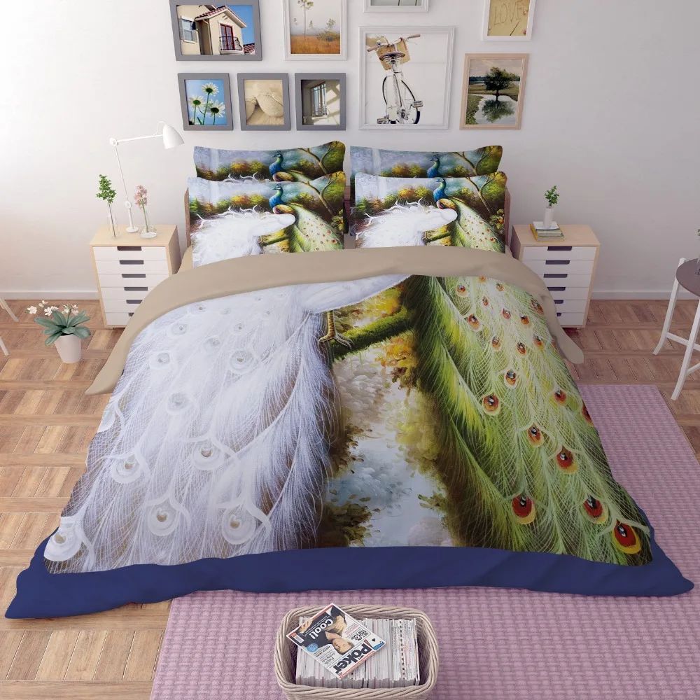 Free shipping Novelty gift white green peacock pattern bedding set