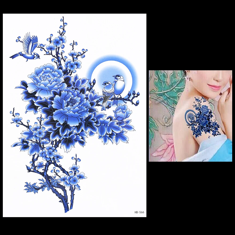1 PZ Durato Fiore Uccello Adesivo Tatuaggio Temporaneo HB566 Falso Blu peonia Albero Colorato Disegno Donne Braccio Posteriore Sticker Art Corpo Del