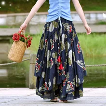 Женская длинная юбка в национальном стиле большого размера с цветочным принтом из хлопка и льна, дизайнерские весенние и летние юбки для женщин