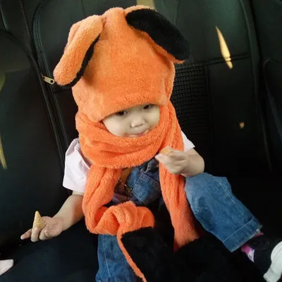 Новая зимняя детская шапка с ушками, плюшевый шарф, перчатки, три предмета, Бархатный комплект для мальчиков и девочек, шея шапка - Цвет: orange(rabbit)