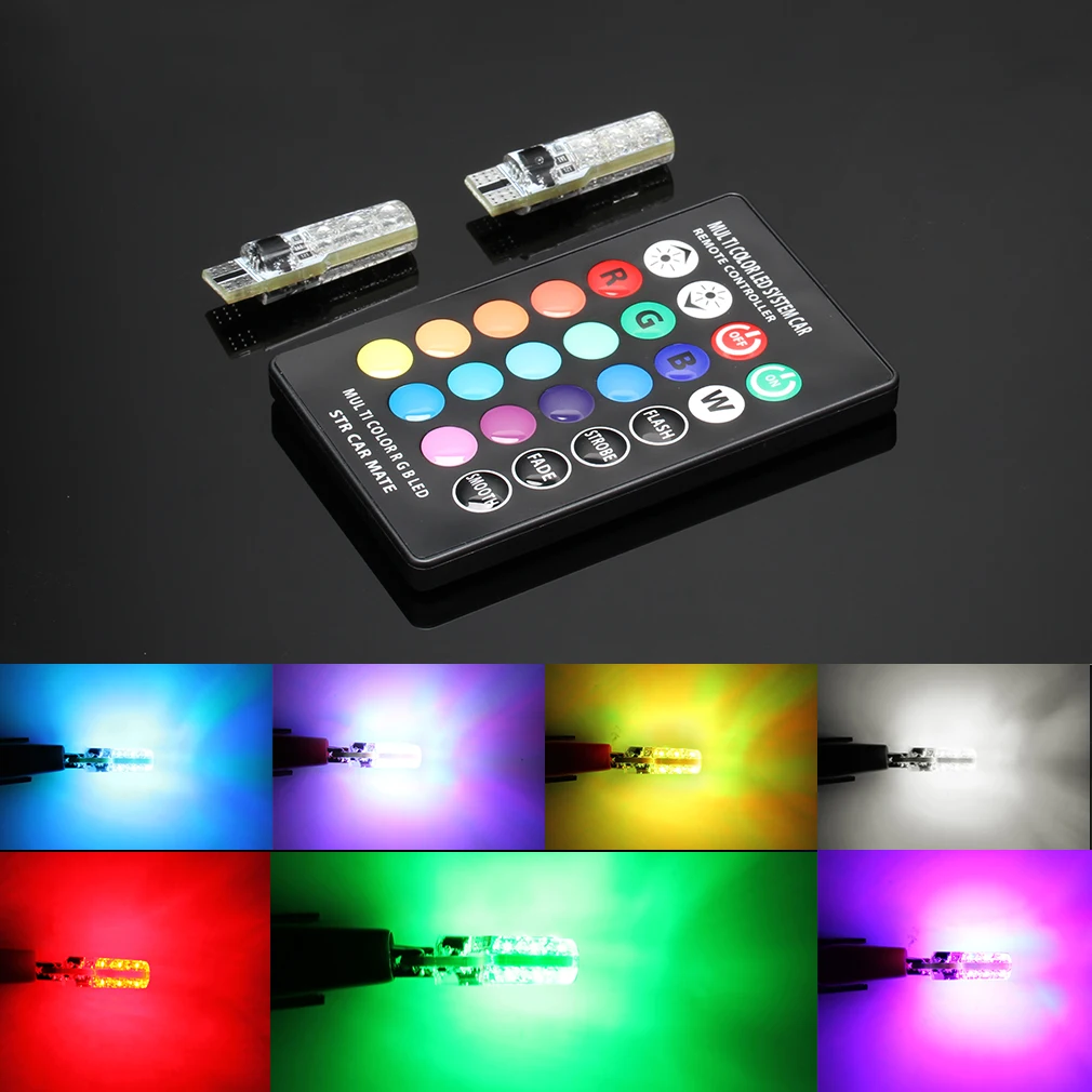 

w5w LED lights T10 RGB LED Bulbs with Remote Controller RGBW 501 194 168 6SMD 5050 Silicone Strobe Car Wedge Side Light 12V