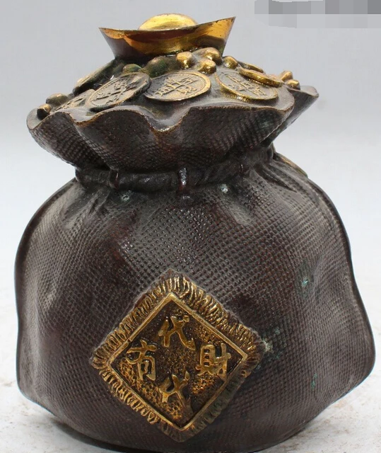 

p6163 6"China Fengshui Bronze Gild Money Bag Wealth treasure bowl Rich Yuan Bao Statue