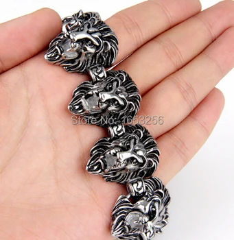 

130g Heavy Huge Gothic Men Biker Lion Heads Link Bracelet Stainless steel Bling Jewelry 32mm * 9inch For XMAS Gifts