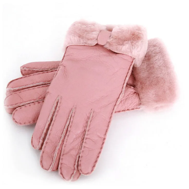 Genuine Sheep Fur Women's Warm Fur Gloves in Winter Female Real Leather Gloves Hand-made Thick Outdoor Ski Waterproof Gloves