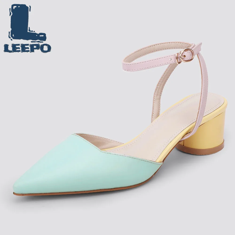 

LEEPO Sandals Women Ankle Strap Shoes Woman Summer High Heels Pumps Female Pointed Toe Colorful Buckle Sandals Ladies Party Shoe