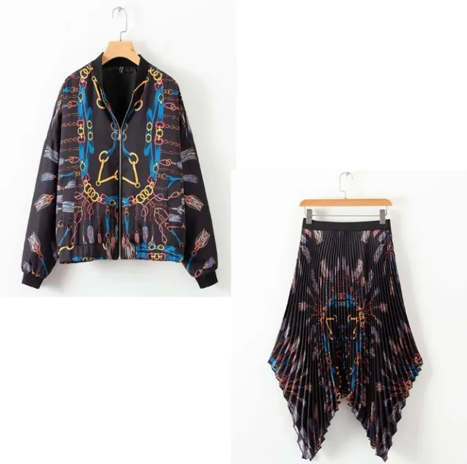 

Female bomber jacket 2019 spring and autumn printed long-sleeved jacket half-length irregular pleated skirt two-piece
