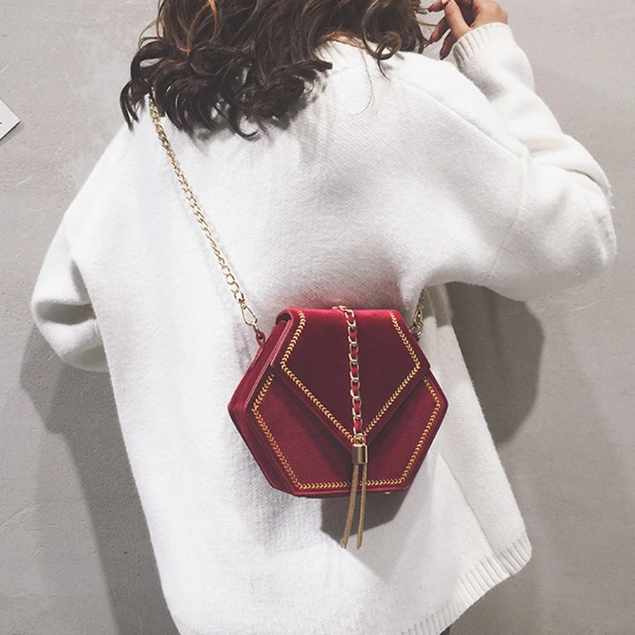 Ins Hexagon Geometric Shaped Crossbody Bags For Women Velet Chains