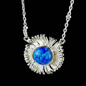 

925 Sterling Silver Natural Mystic Blue Fire Opal Pendant Necklace Chain Sunflower Original Design Choker Necklace For Women