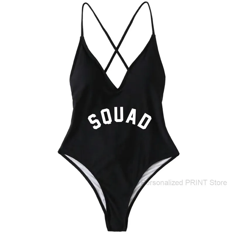 

Women's Low Back Squad One Piece Swimsuit Deep Scoop Neck Monokini Cross Back Bathing Suit Swimwear Women Sexy Bathing Suits