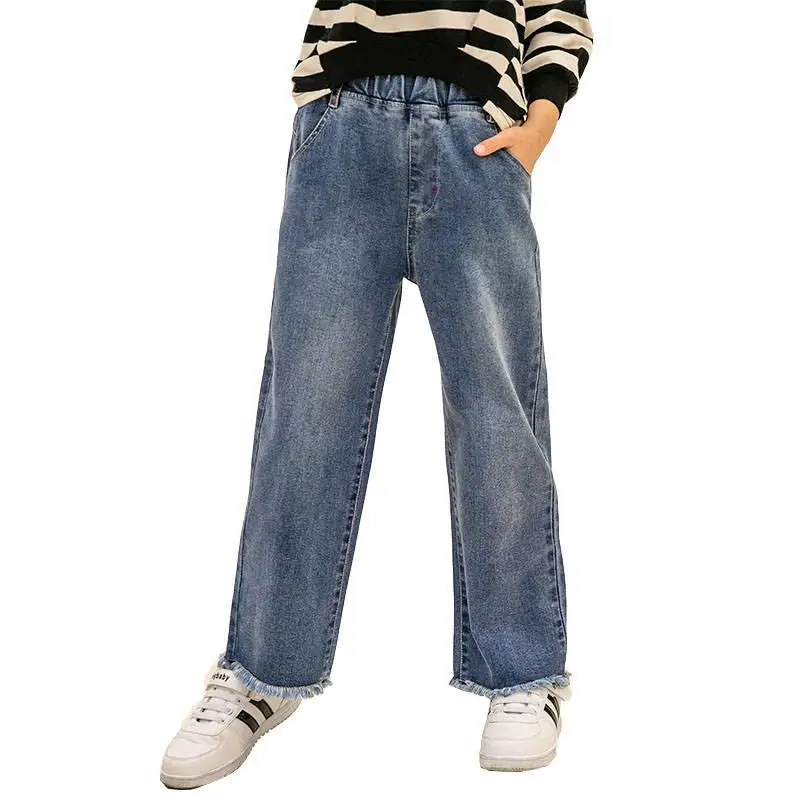 

New Spring Autumn Fashion Baby Girls Cotton Denim Trousers Teenage Girls Wide-leg Jeans Pants Kids Girl Clothing Leggings Y18
