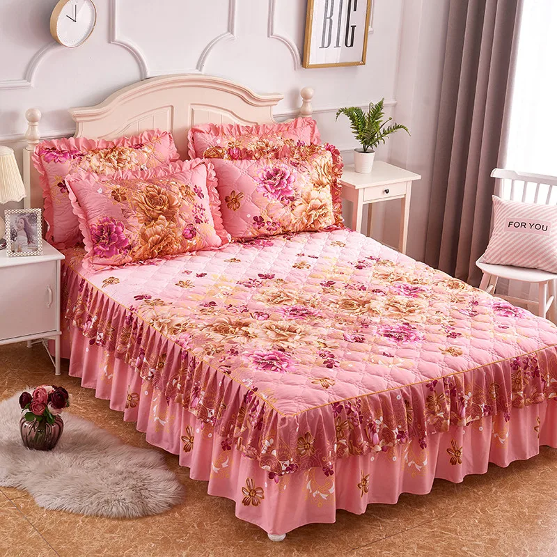 

Quilted Thick Soft Bedspread Lightweigh Microfiber Flowers Blossom printed Double Ruffled Bedskirt 160X200cm 3Pcs Bed cover set