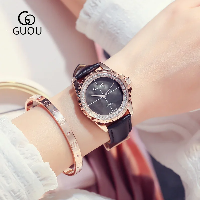 GUOU Luxury Rhinestone Women Watches Black Leather Strap Band Simple
