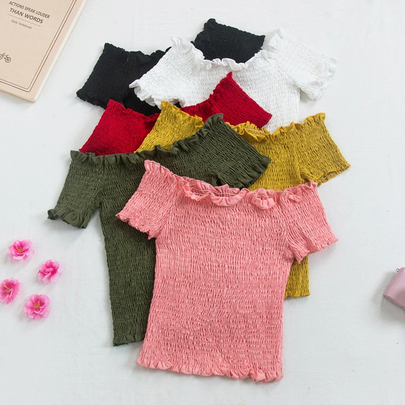 

2019 Women Summer Autumn Flare Sleeve Slash Neck Basic Shirt Casual Short Elastic Slim High Waist Pullover Ruffles Blouse Tops