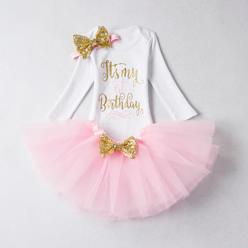 Одежда для маленьких девочек брендовая одежда для новорожденных, 1 год, день рождения Одежда для младенцев комплекты для малышей комбинезон+ повязка на голову+ юбка-пачка комплекты для малышей - Цвет: As Picture