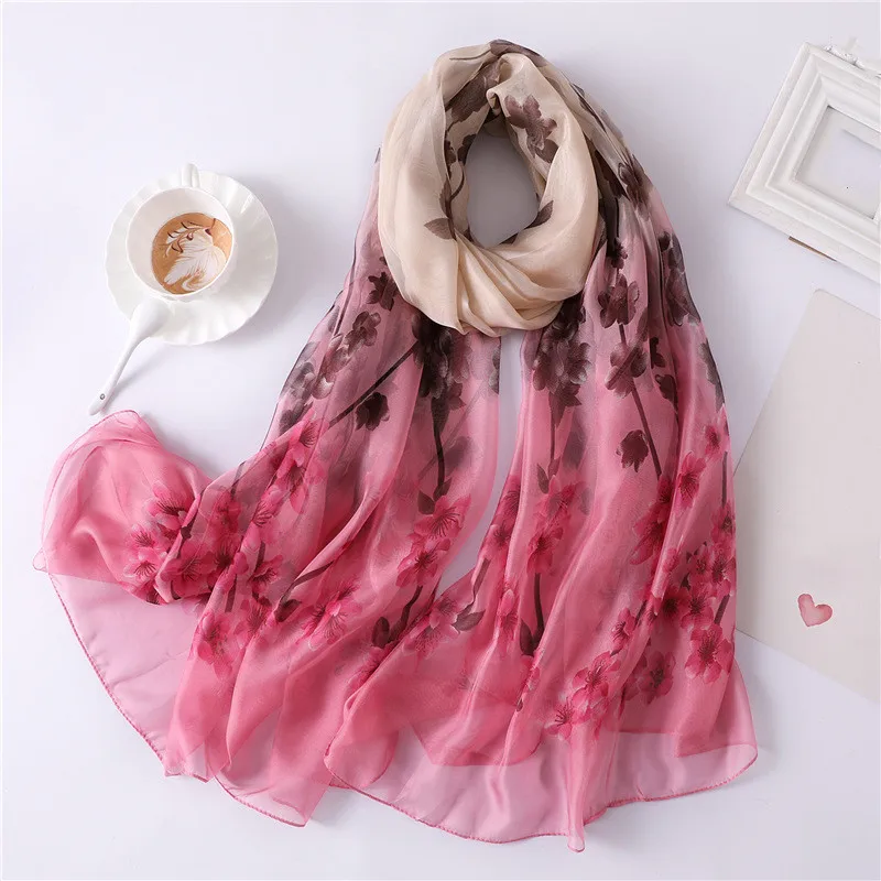 

Scarf flower Retro Spring and Summer Printed Tulle Beach Shawl Imitation Silk Scarf Lady Floral Red Green Black Large Shawl