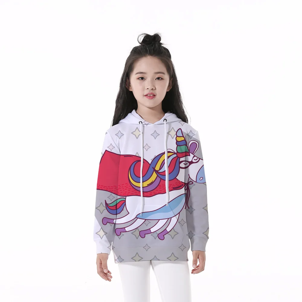 

Girl's 4-12 Y Spring Autumn Hooded Long Sleeve 3D Digital Print Superman Unicorn Pattern Hoodies Casual Loose Fit Girls Hoodies
