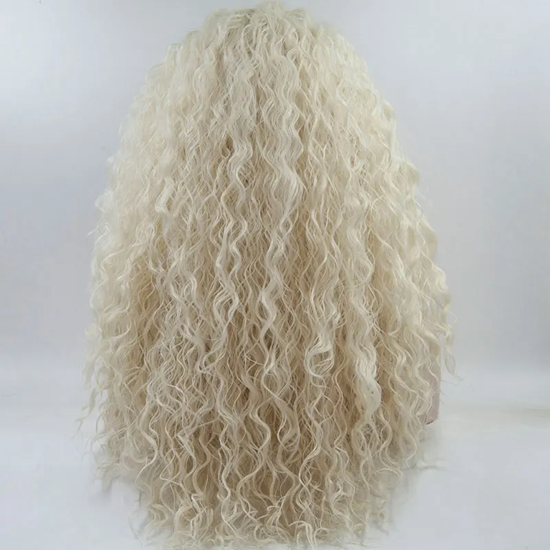 Bombshell блондинка белый Свободные Вьющиеся парики синтетические афроамериканца 3 дюймов со шнуровкой спереди парик с естественным детские волосы парики